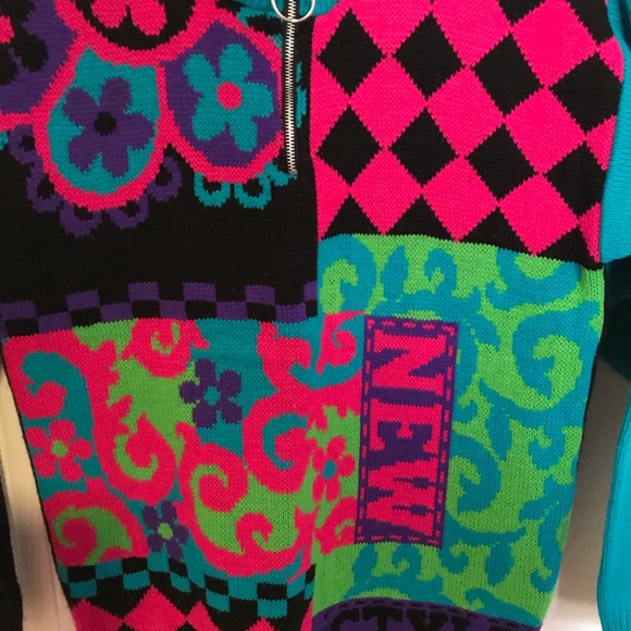 Vintage GIRLS Neon Color Block Mix Pattern Cable Knit Chunky  3/4 Zip Sweater - Picture 4 of 9